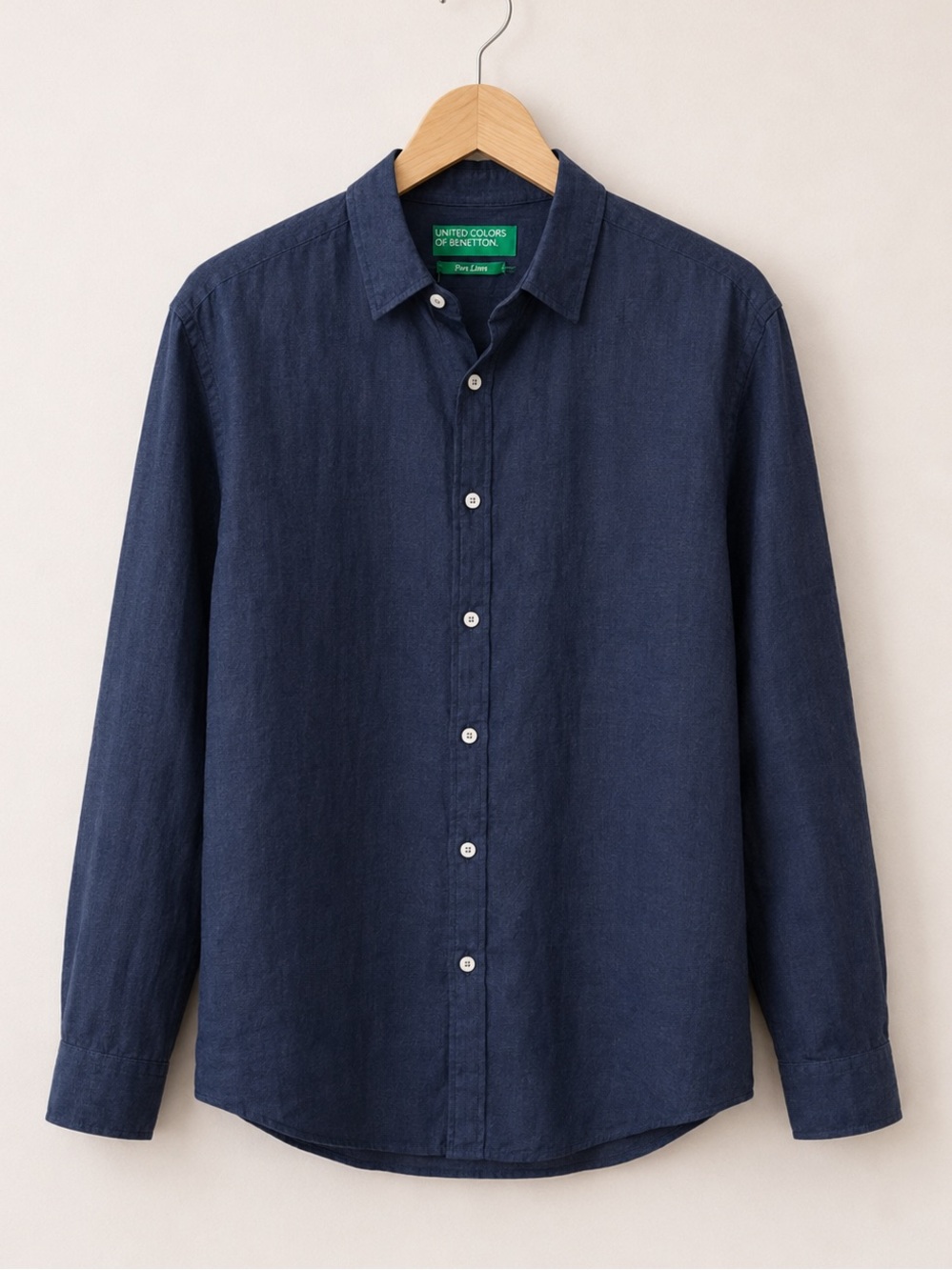 United Colors Of Benetton Men Navy Blue Lightweight Pure Linen Button Down Shirt